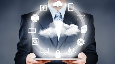 Businessman working on cloud computing business security concept